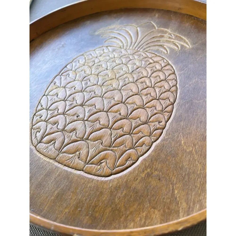 VINTAGE 1982 Woodcrafts Round Wooden Carved Pineapple 14.5
